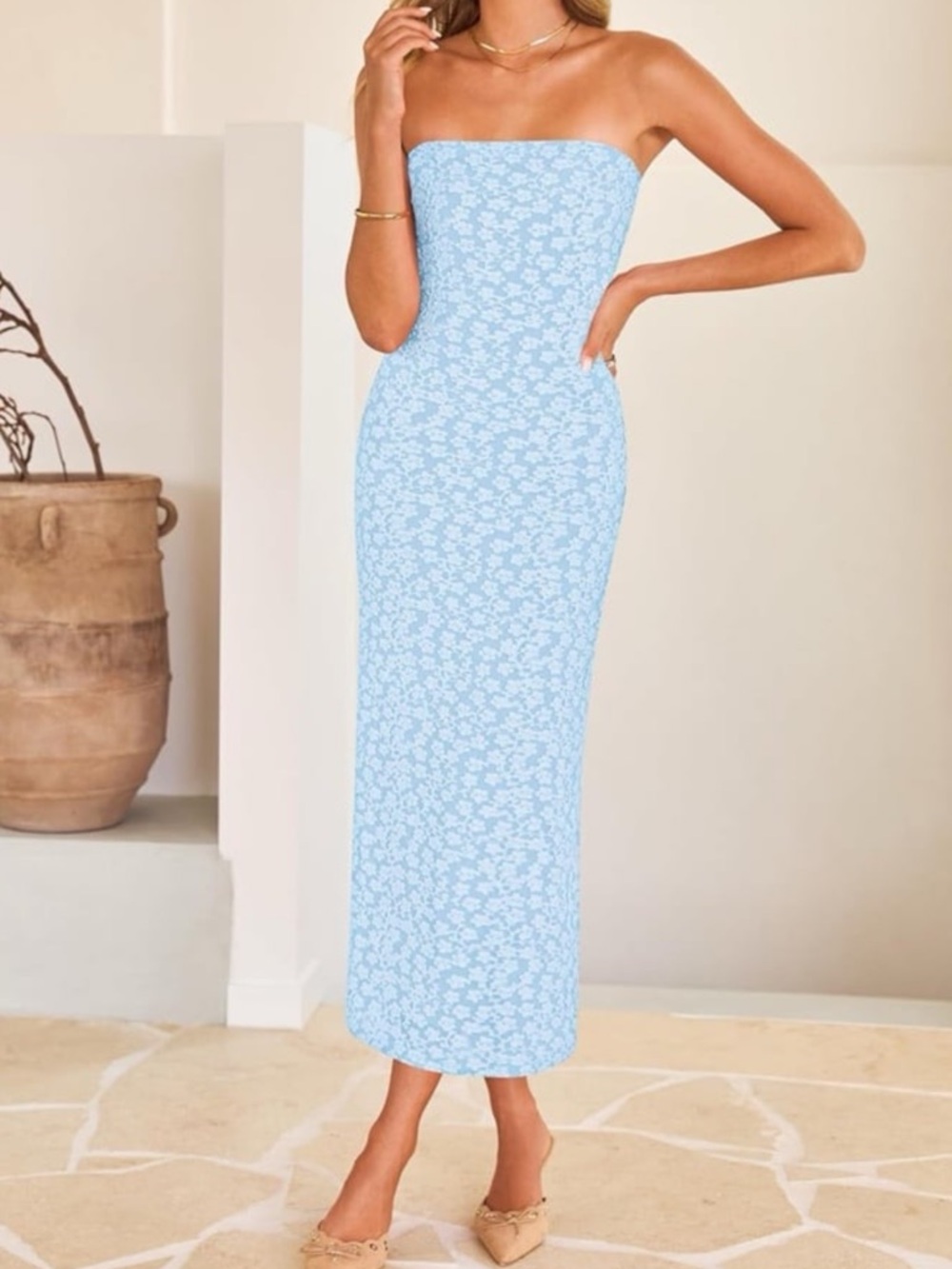 Amazon Strapless Light Blue Floral Midi Dress